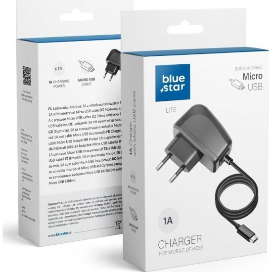 Blue Star Φορτιστής με Ενσωματωμένο Καλώδιο micro USB Μαύρος (5901737411525)