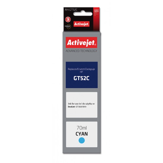 Activejet AH-GT52C ink for HP printer; HP GT-52C M0H54AE replacement; Supreme; 70 ml; cyan