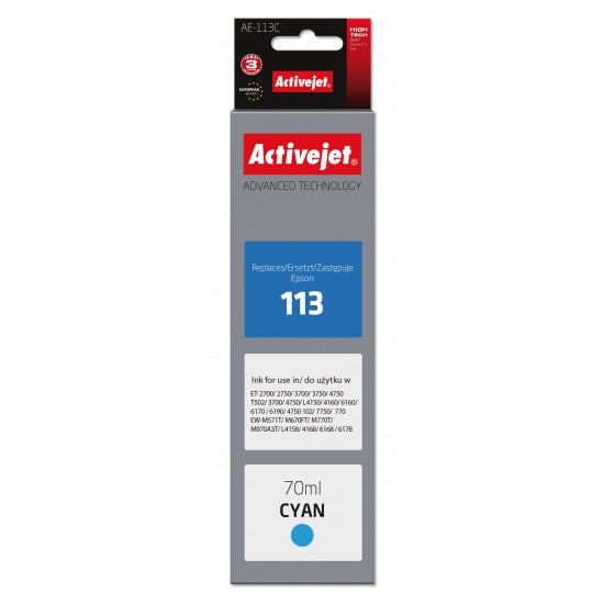 Activejet AE-113C ink for Epson printer, Epson 113 C13T06B240 replacement; Supreme; 70 ml; cyan